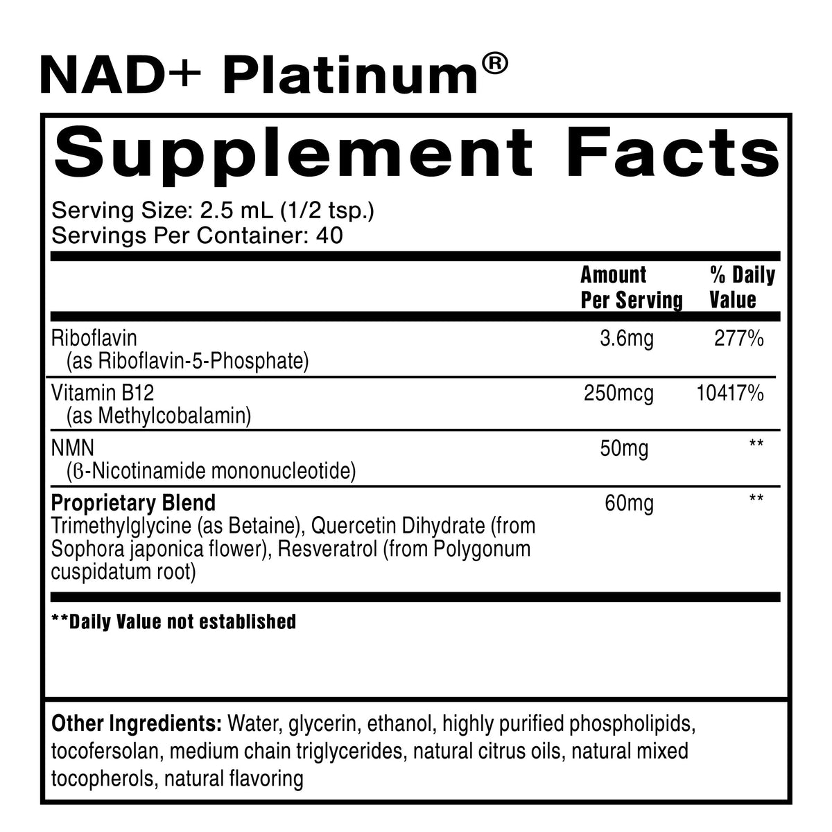 Quicksilver Scientific NAD+ Platinum® supplement facts